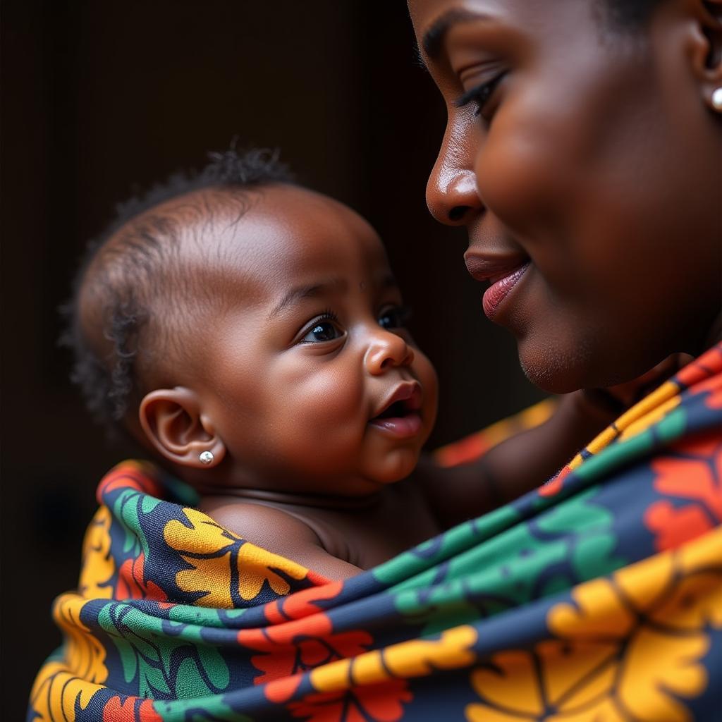 A black African baby smiles up at their mother, wrapped in a brightly colored cloth.