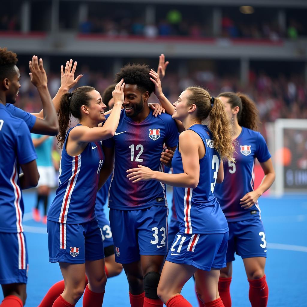 A diverse group of hockey players celebrating a victory in France