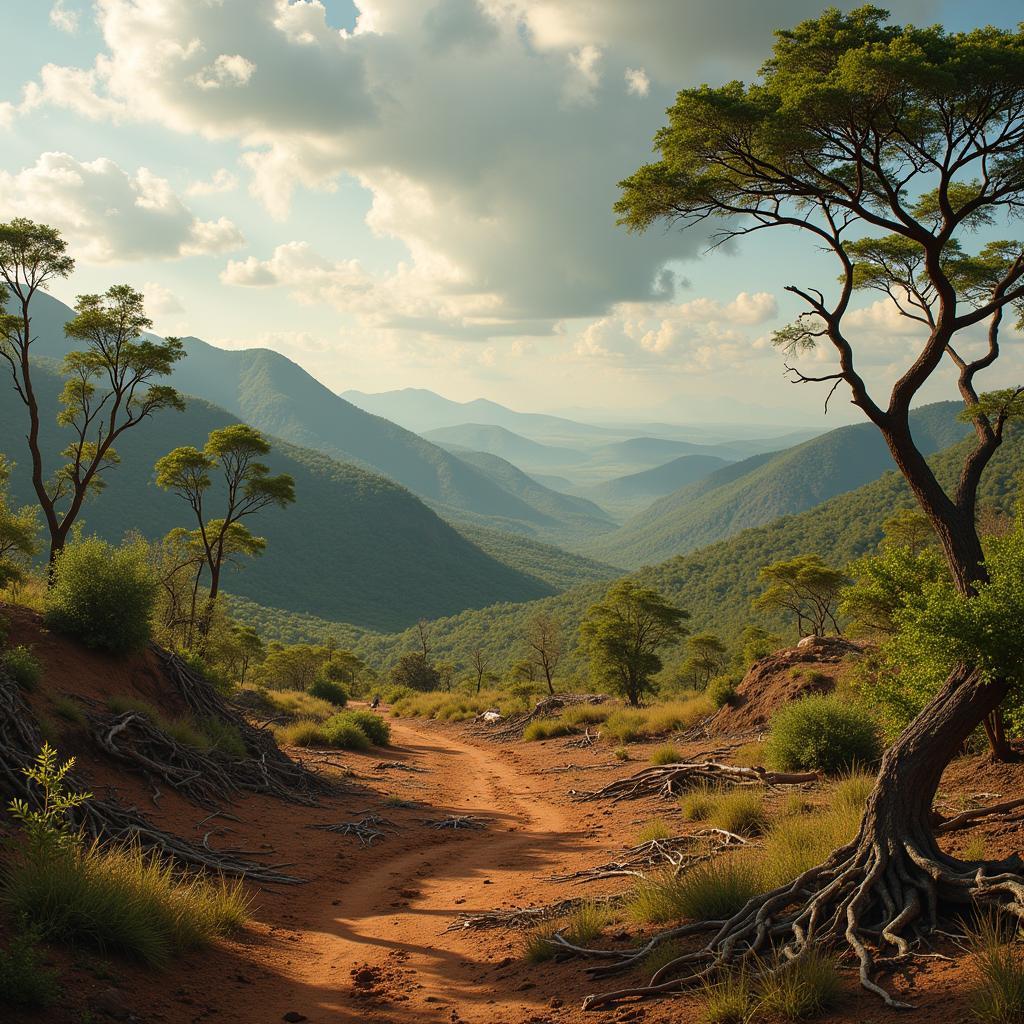 A visual representation of the challenges faced by African bush tribes, showing deforestation, drought, and modern infrastructure encroaching on traditional lands.