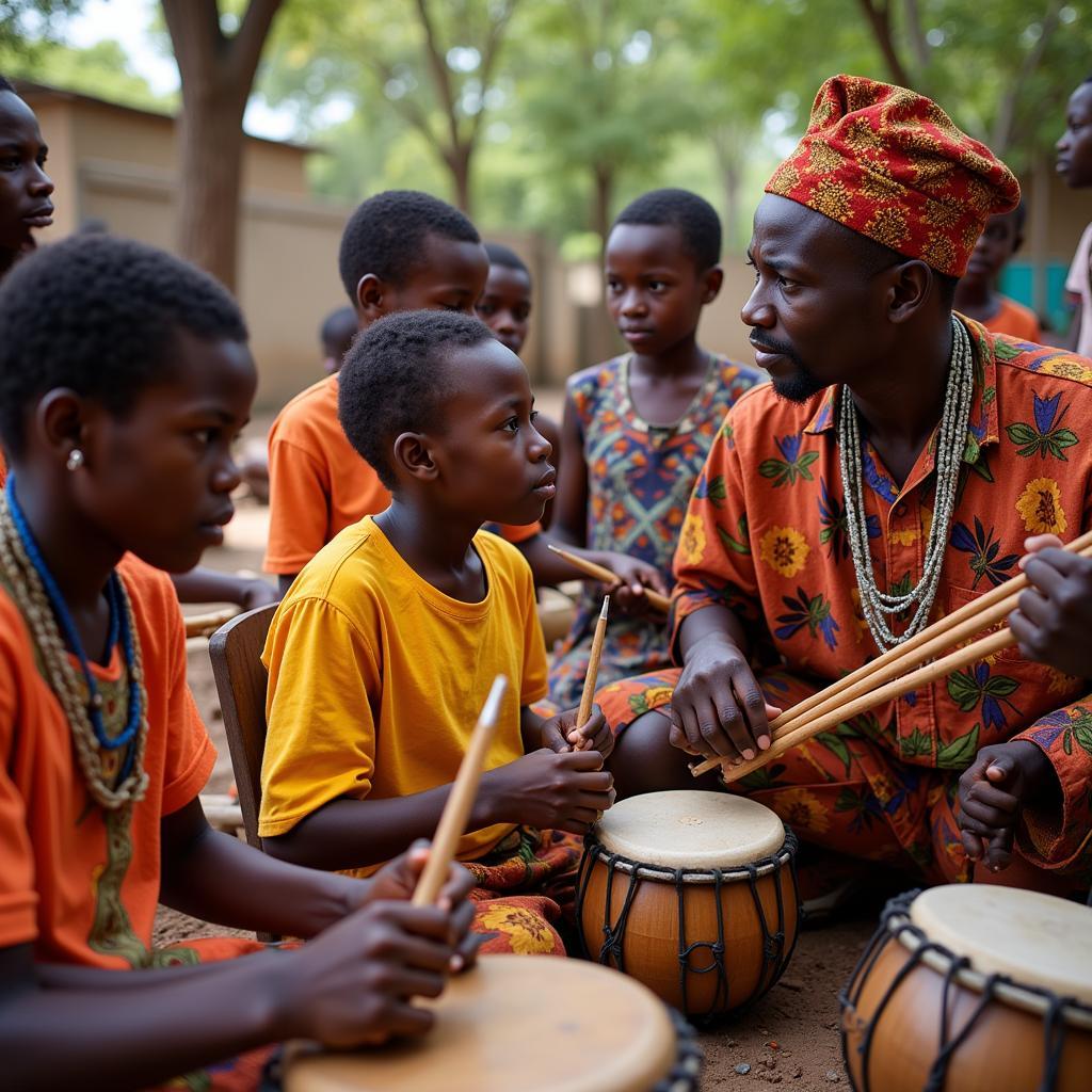 Children learning to play traditional African instruments.