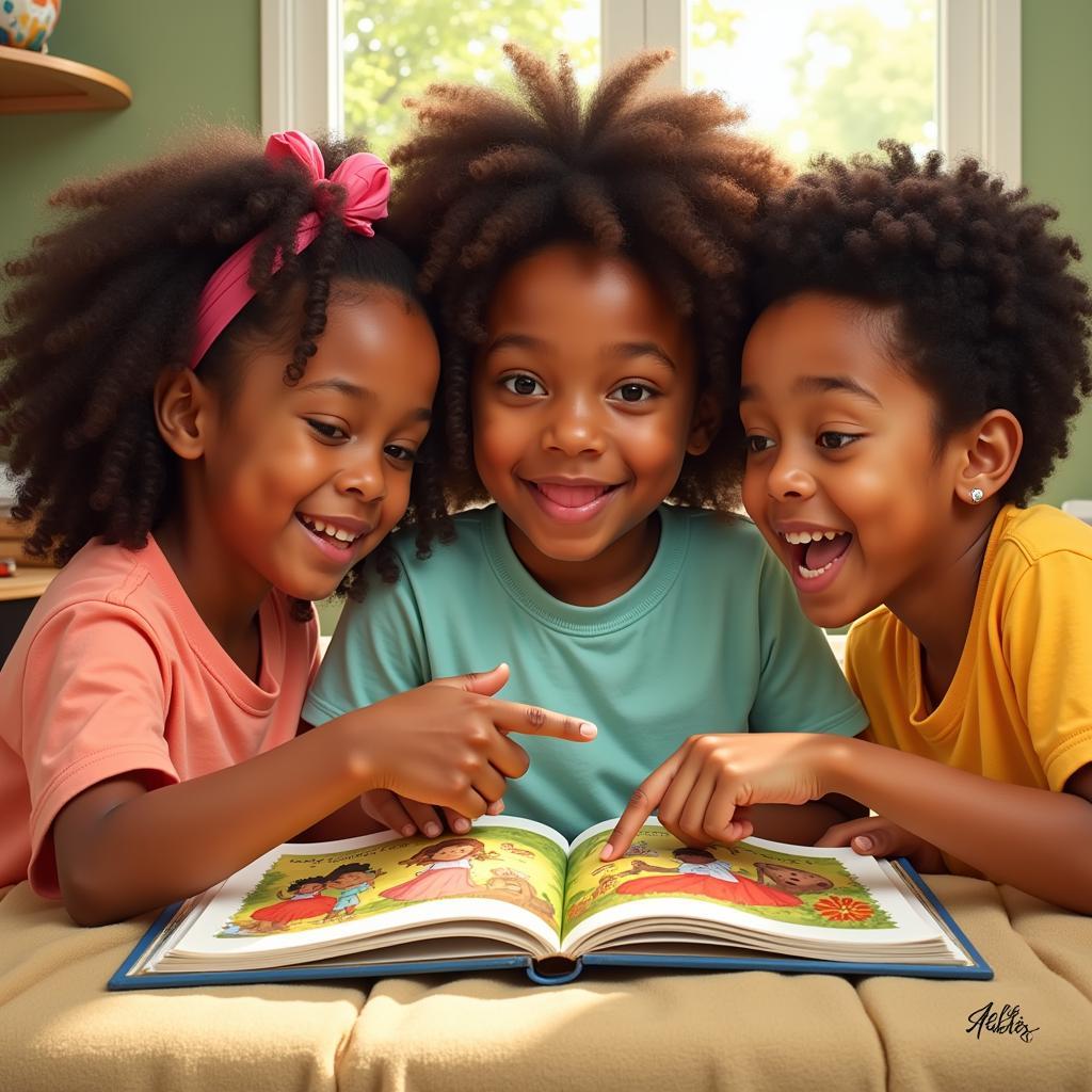 Children sitting together, enjoying an African American nursery rhymes book.