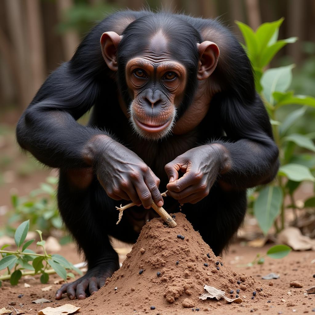 Chimpanzee using a tool to extract termites from a mound