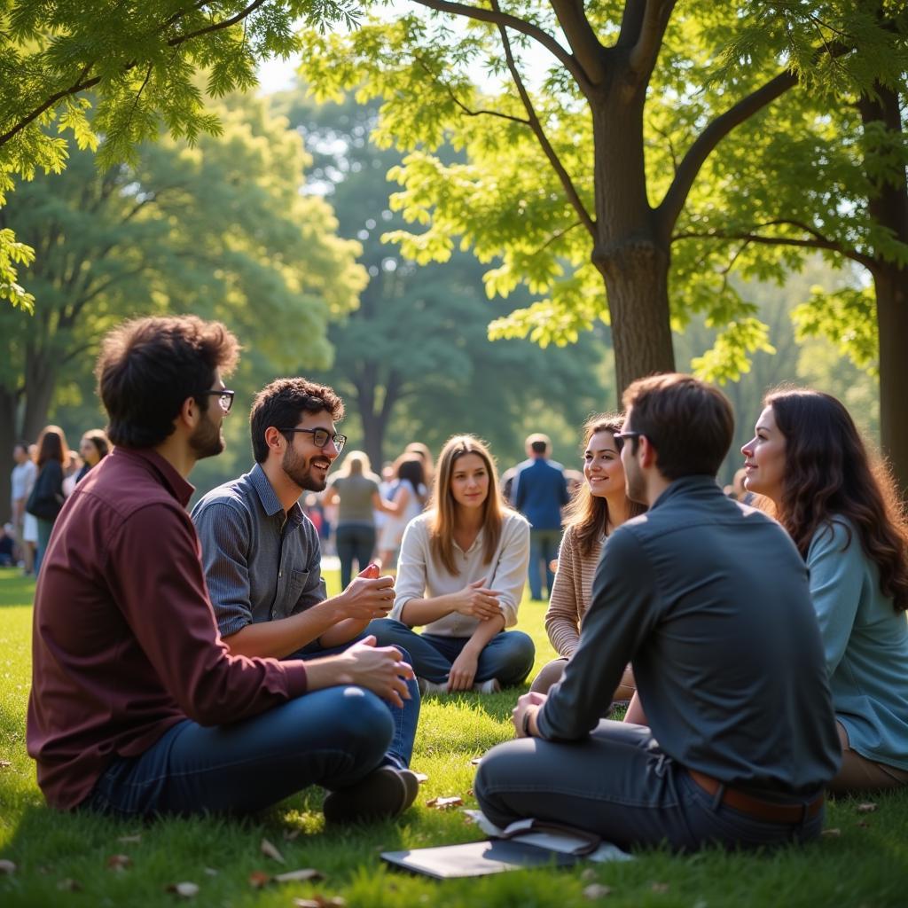 People discussing current events in a public space