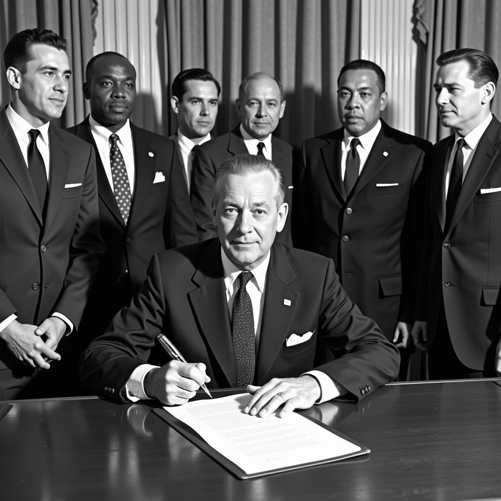 President Lyndon B. Johnson signing the Civil Rights Act of 1964.