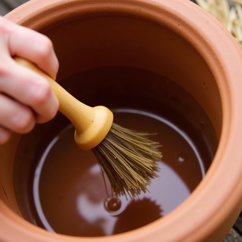 Cleaning an African clay pot with a brush