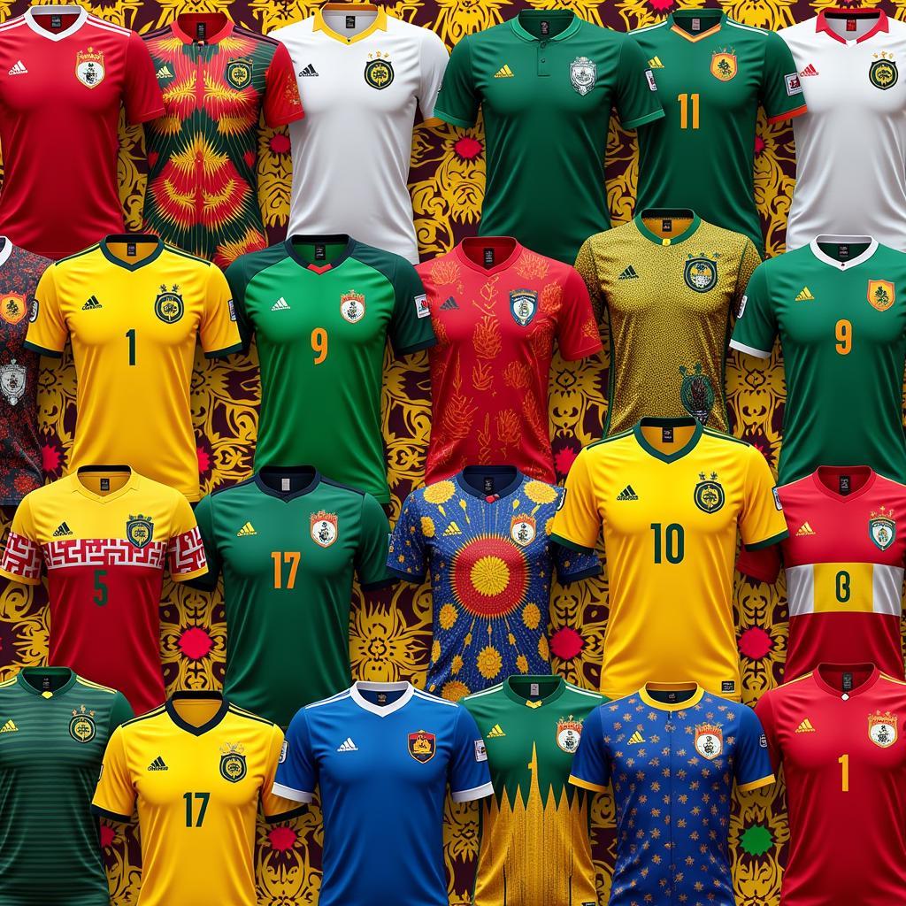 A diverse collection of African football shirts showcasing various unique designs.