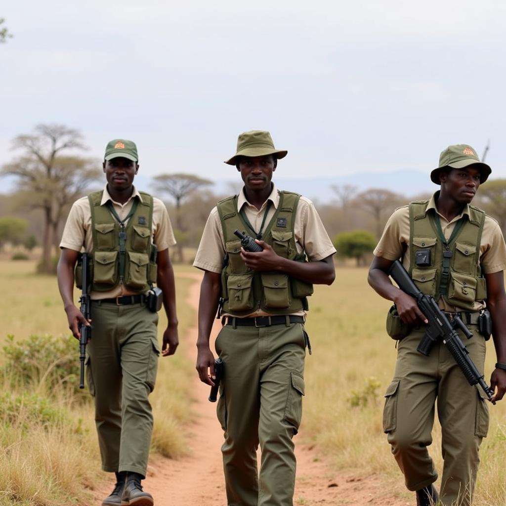 Community Anti-Poaching Patrol:  A group of local rangers patrol a wildlife reserve, highlighting the vital role of community involvement in protecting elephants.