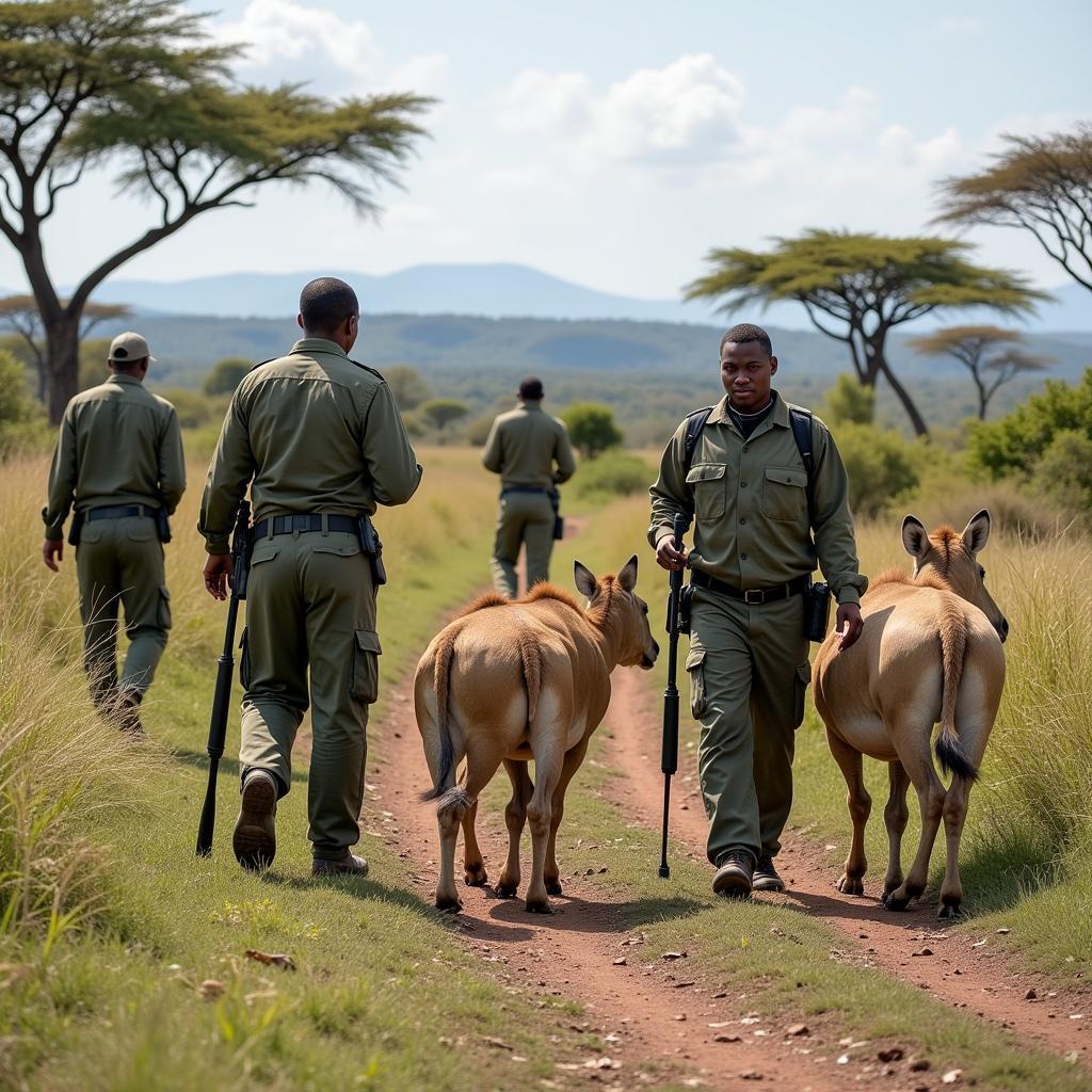 Members of a local community patrolling to protect wildlife, showcasing community-based conservation efforts.