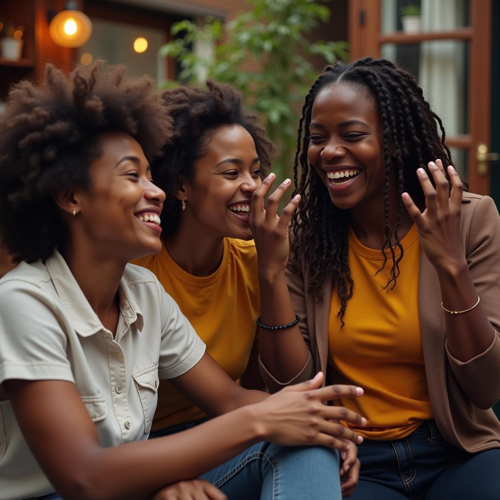 A group of people sharing stories and laughter, highlighting the role of AAVE in fostering community and cultural identity.