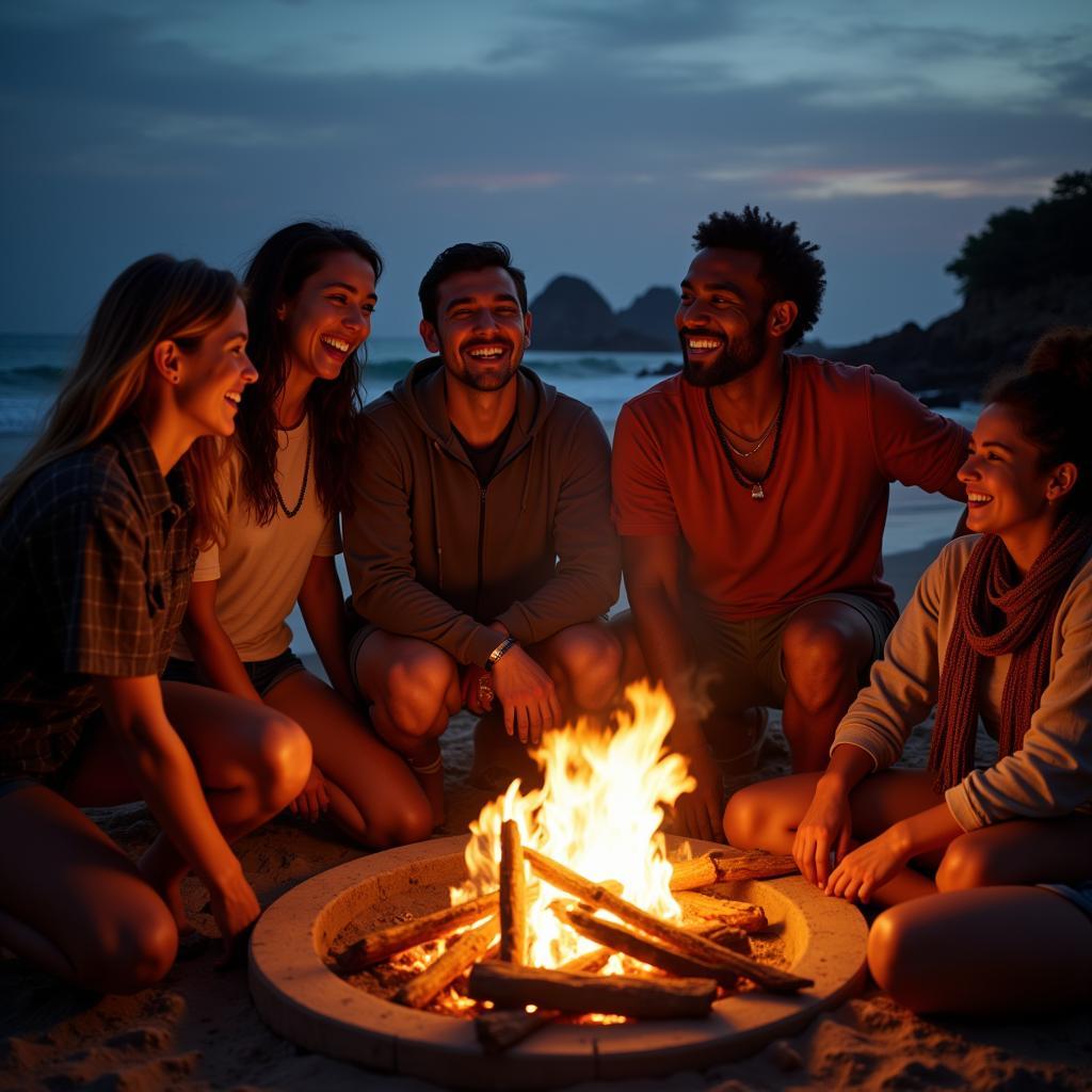 A diverse group of friends enjoying a bonfire on an African beach