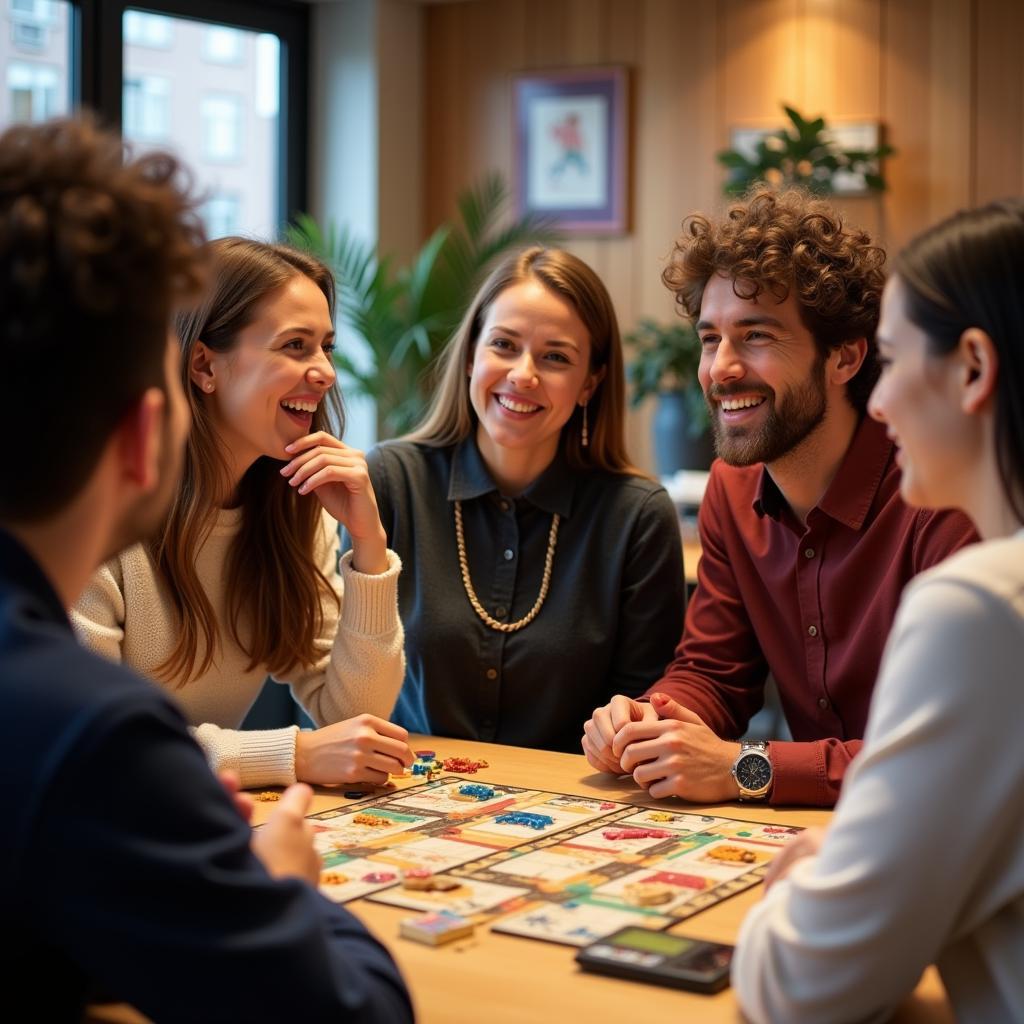 A diverse group playing a board game together