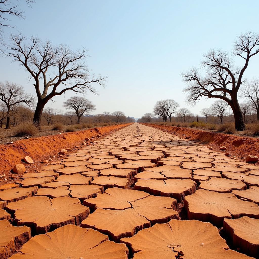 Drought-stricken land in an African country, showing cracked earth and withered vegetation.