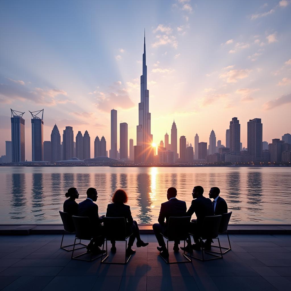 Dubai Skyline with African Business Meeting in Foreground