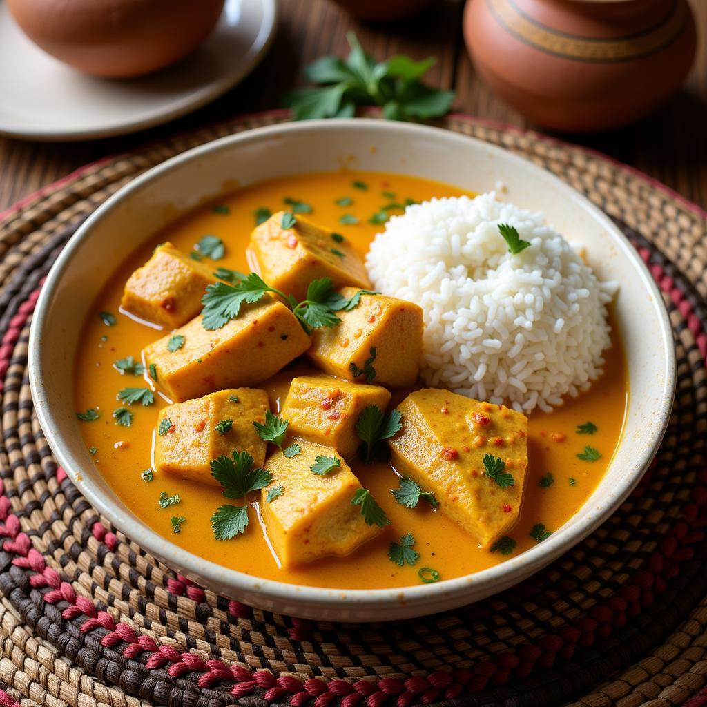 East African fish curry with coconut milk and rice.