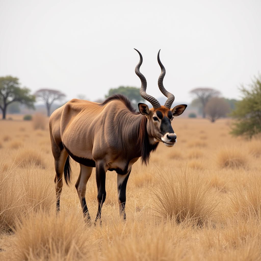 Eland, the largest African antelope, grazing in the savannah. 