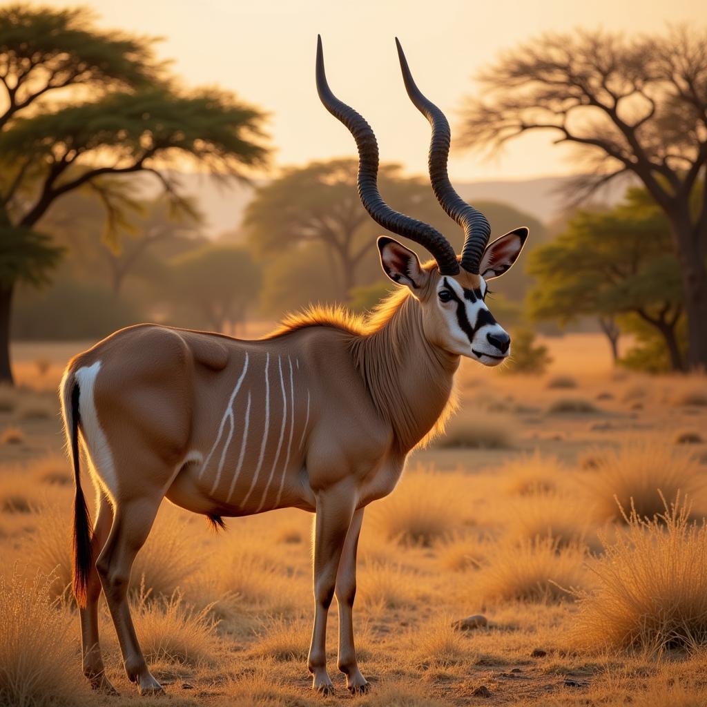 Eland with majestic spiral horns standing tall in the African savanna