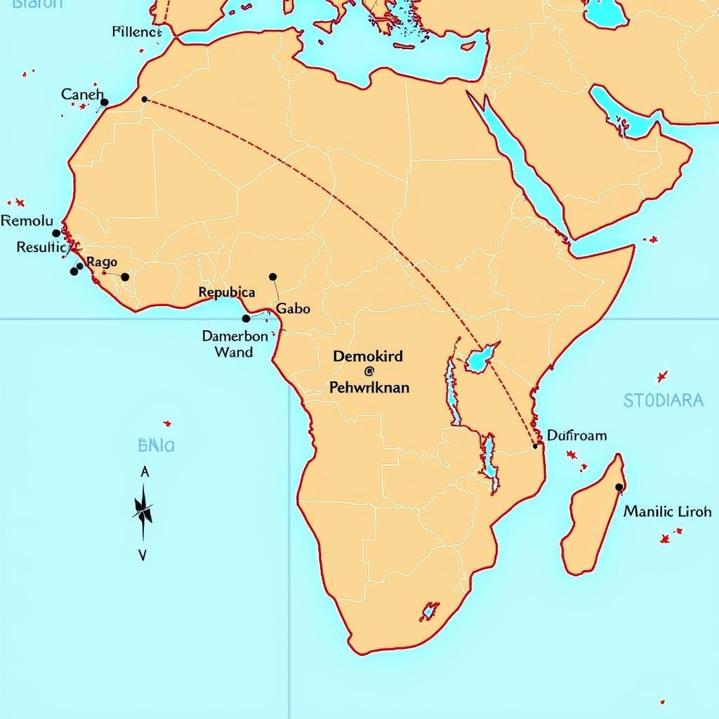 Map of Africa highlighting the Equator and the three countries it crosses.