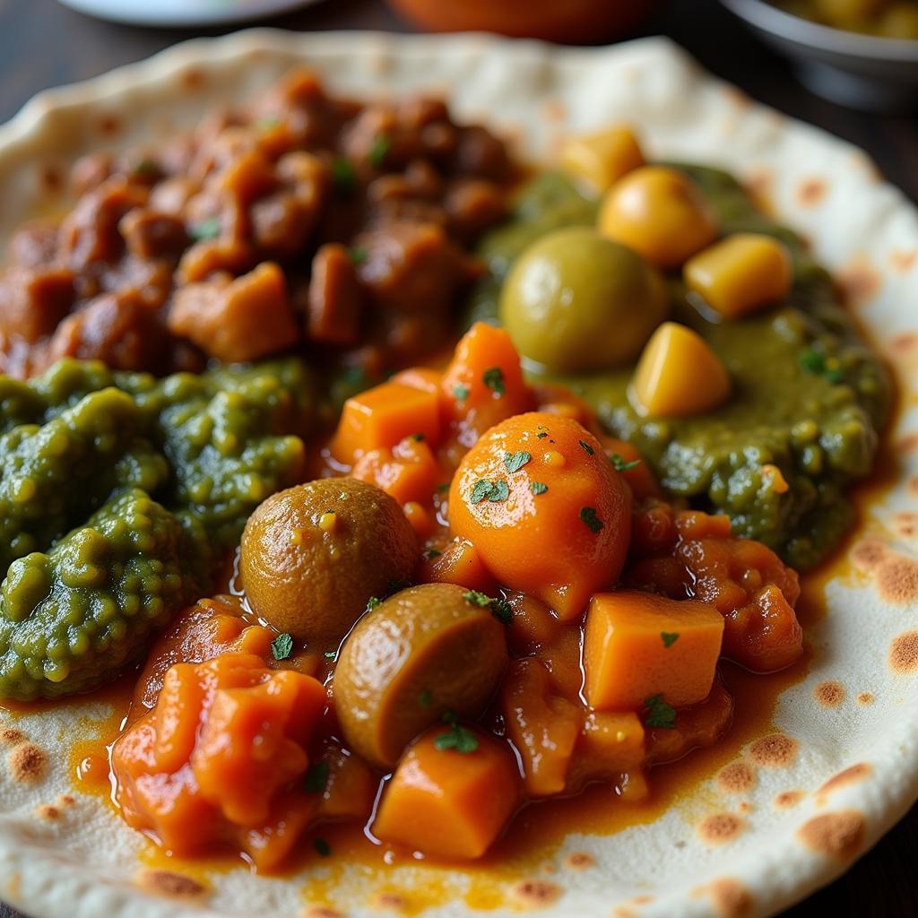 Colorful Ethiopian Food Served on Injera Bread