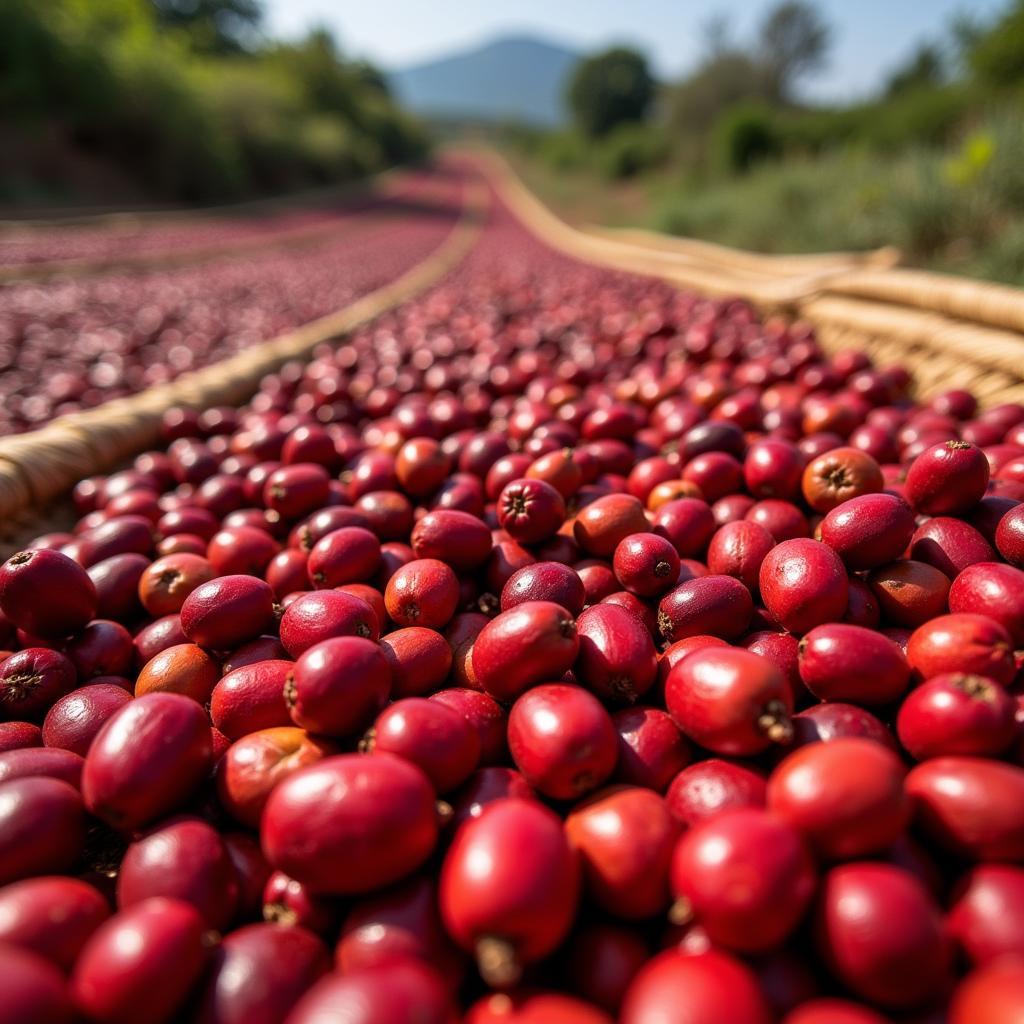 Ethiopian Yirgacheffe coffee beans drying in the sun