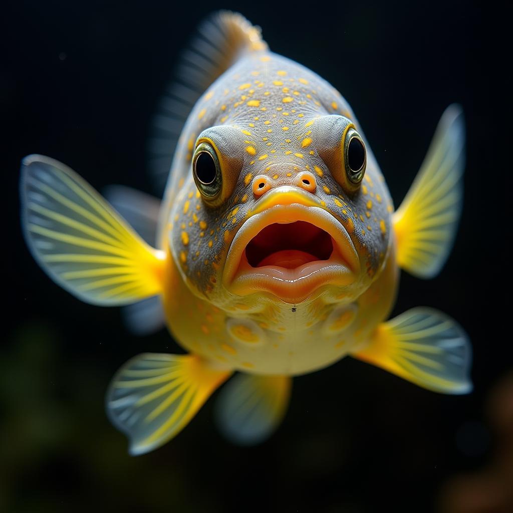 A female African Butterfly Cichlid holding eggs in her mouth.