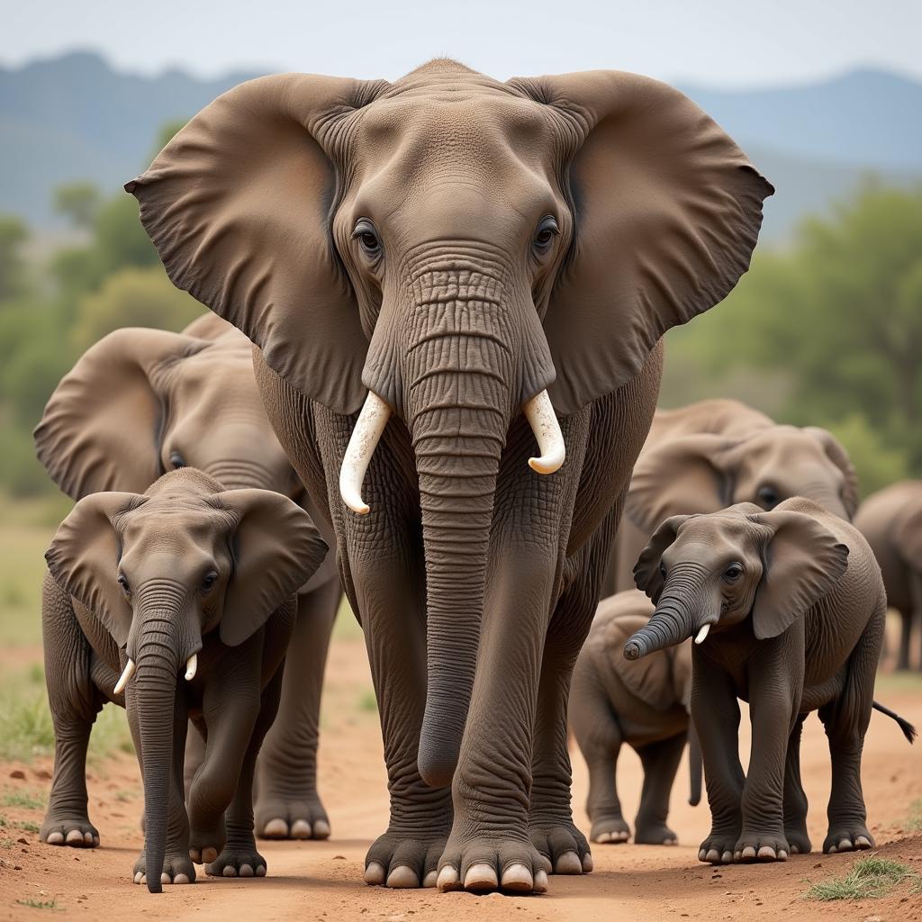 A female African elephant leading her herd across the savannah