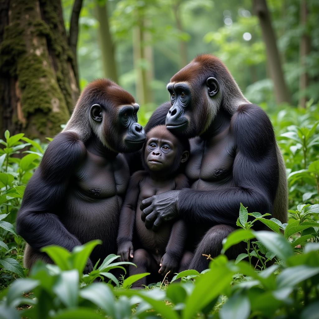 A gorilla family in their natural habitat within a dense African jungle