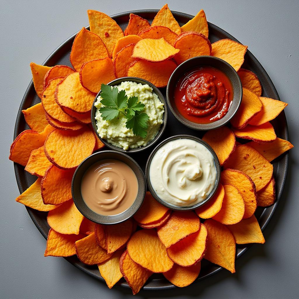 A gourmet platter of African chips with various dipping sauces.