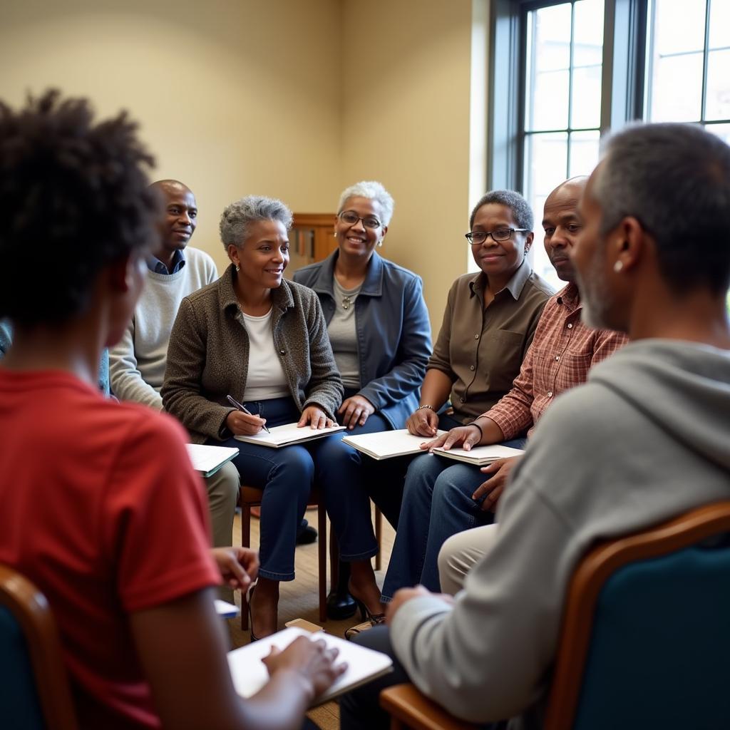 African American grandparents attending a support group meeting for caregivers.