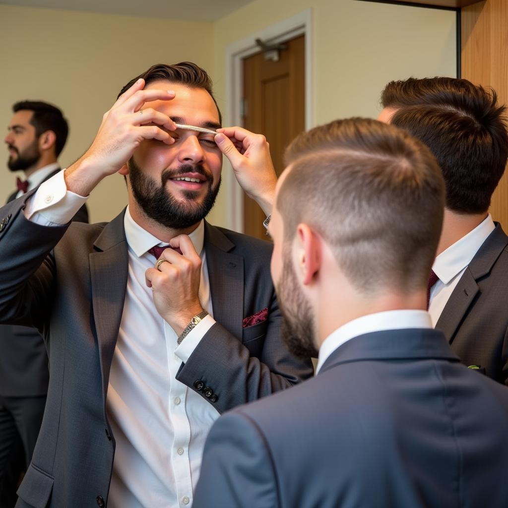 Groomsmen preparing for the wedding with grooming routines