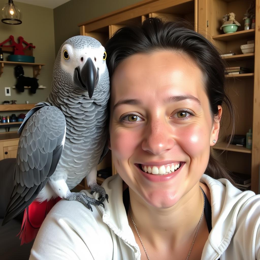 Happy African Grey Parrot with Owner