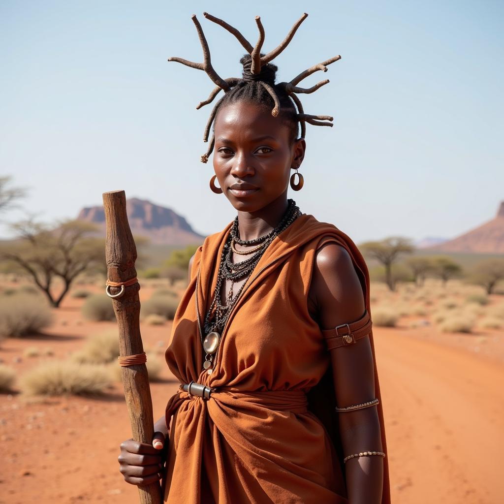 Himba woman in traditional dress, ochre-covered skin, elaborate hairstyle