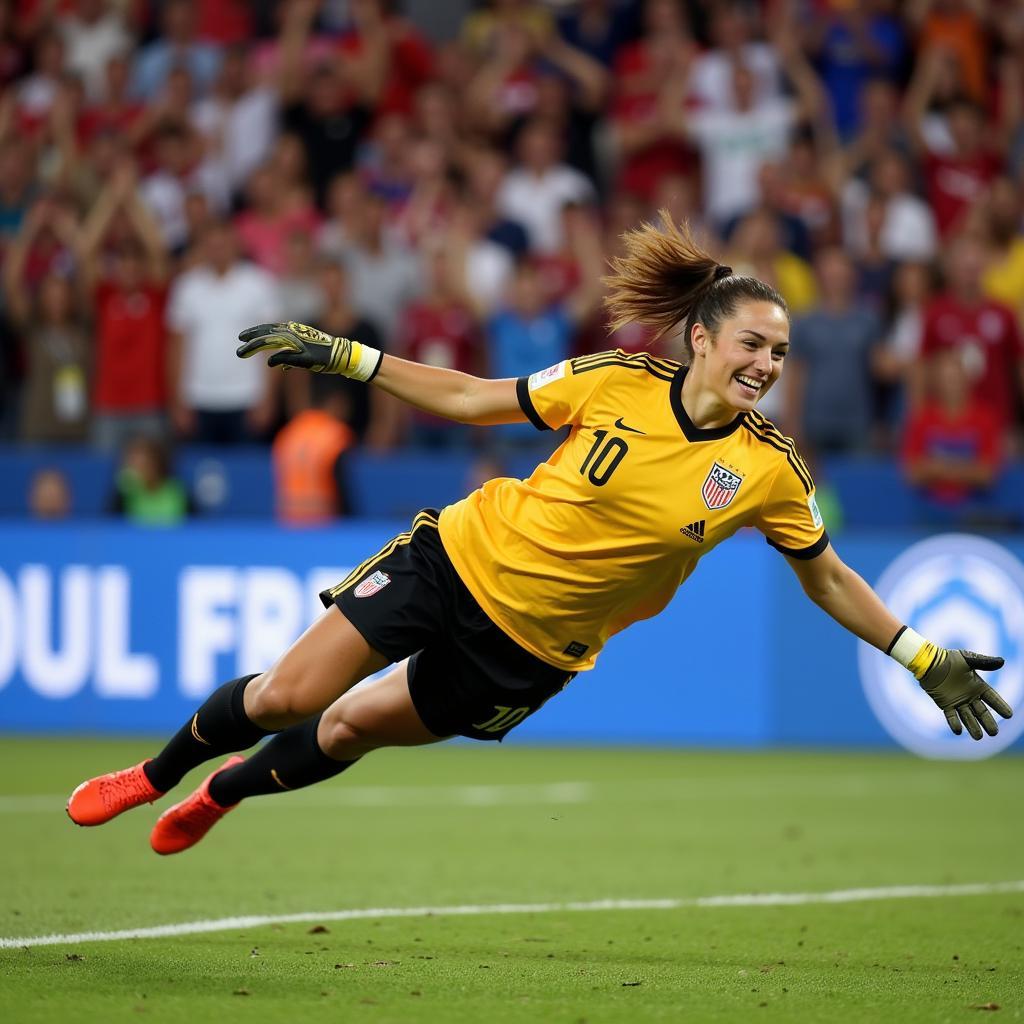 Hope Solo making a diving save as goalkeeper