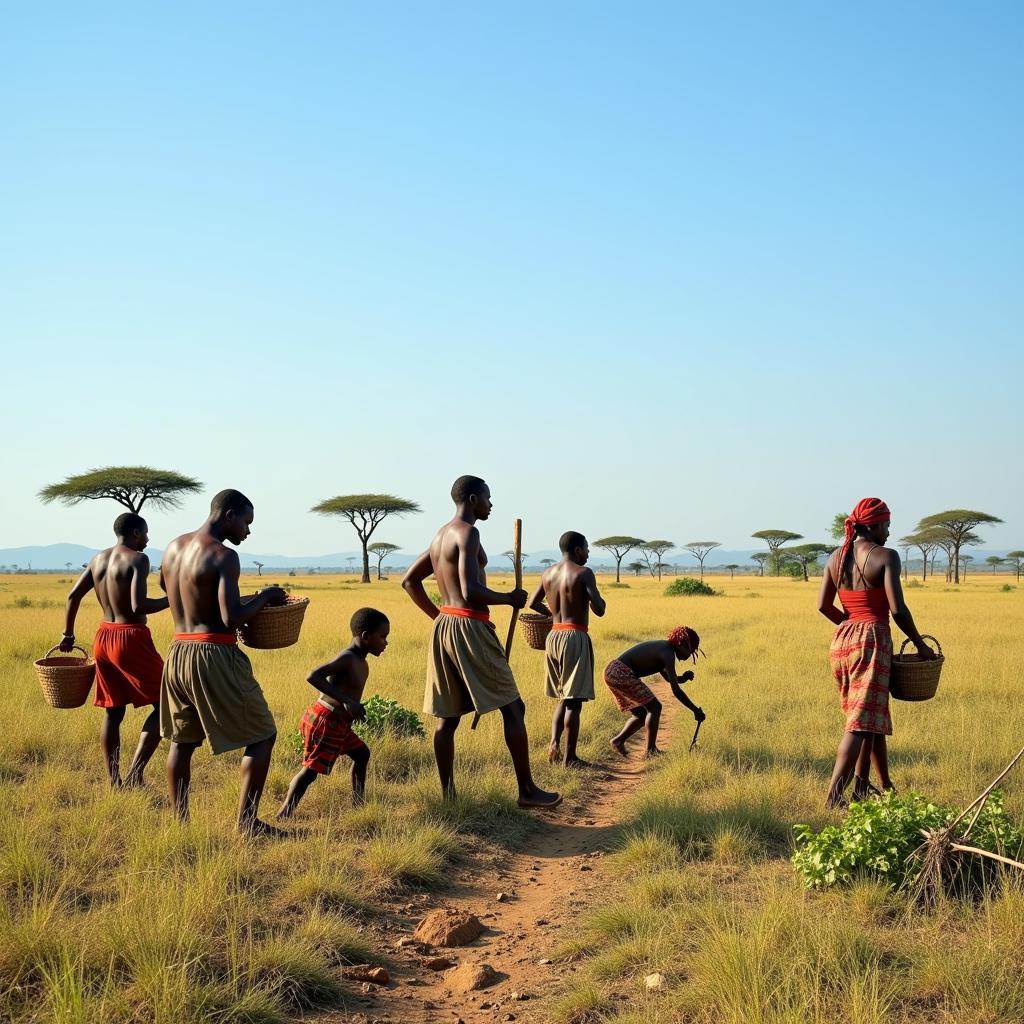 Hunter-gatherers foraging for food in the African savanna