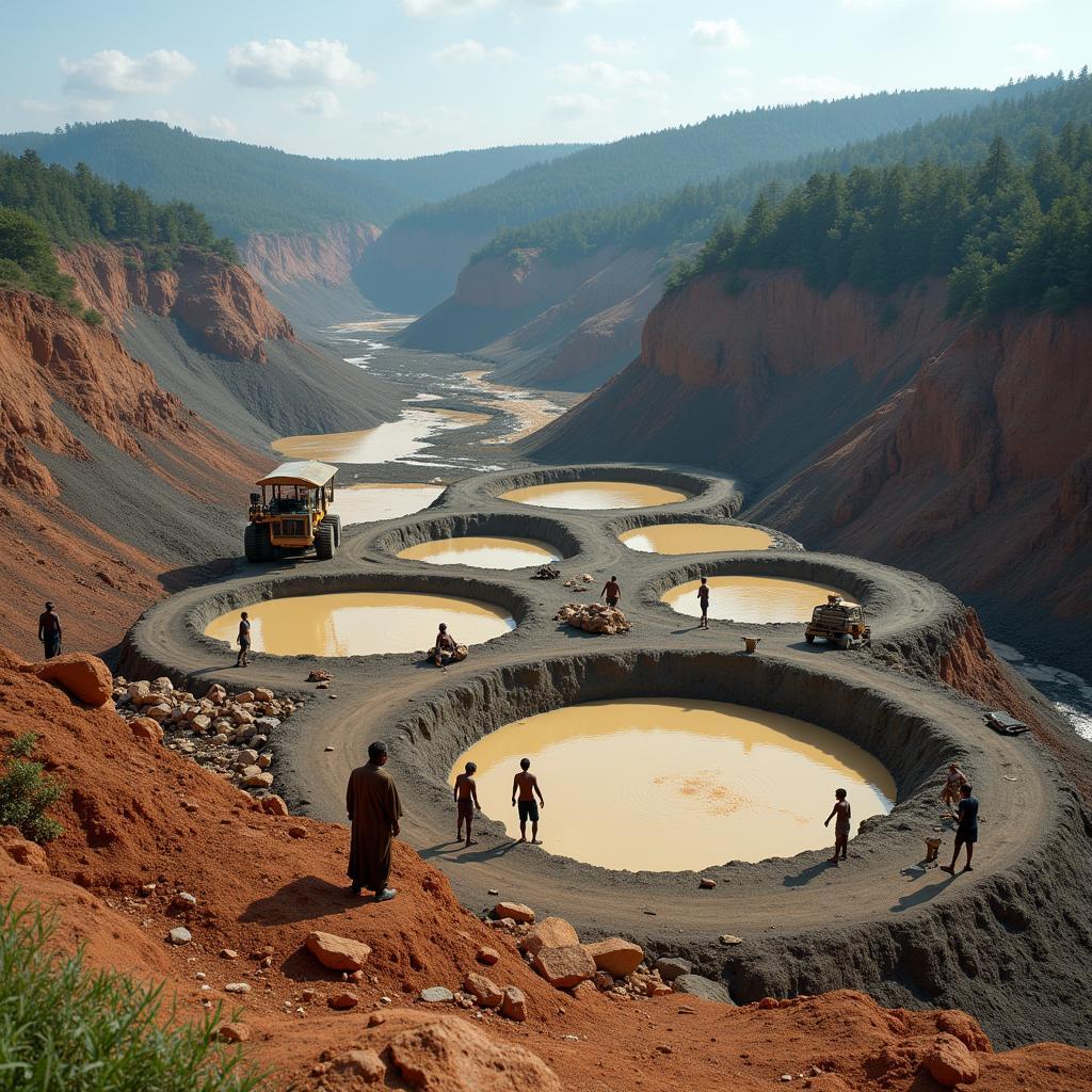 Illegal gold mining operation in Africa, showing environmental damage and unsafe working conditions.