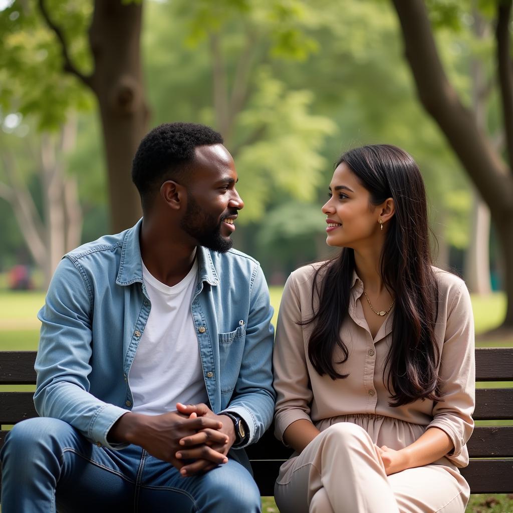 An intercultural couple having a conversation in a Delhi park.