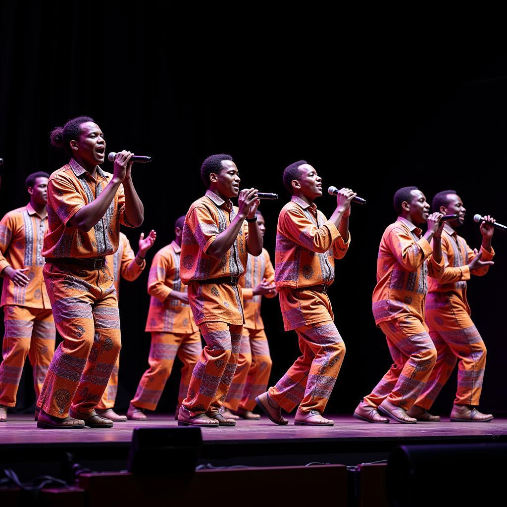 Ladysmith Black Mambazo performing their signature isicathamiya style