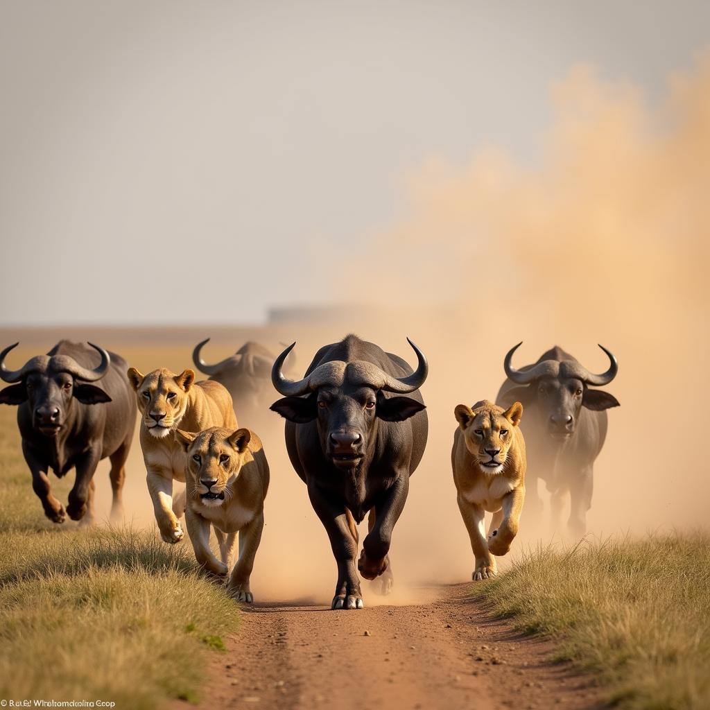 Lions Hunting Buffalo Herd