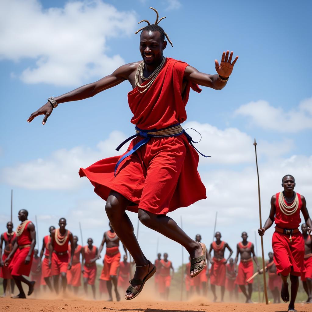 Maasai Warrior Jumping in Traditional Red Shuka