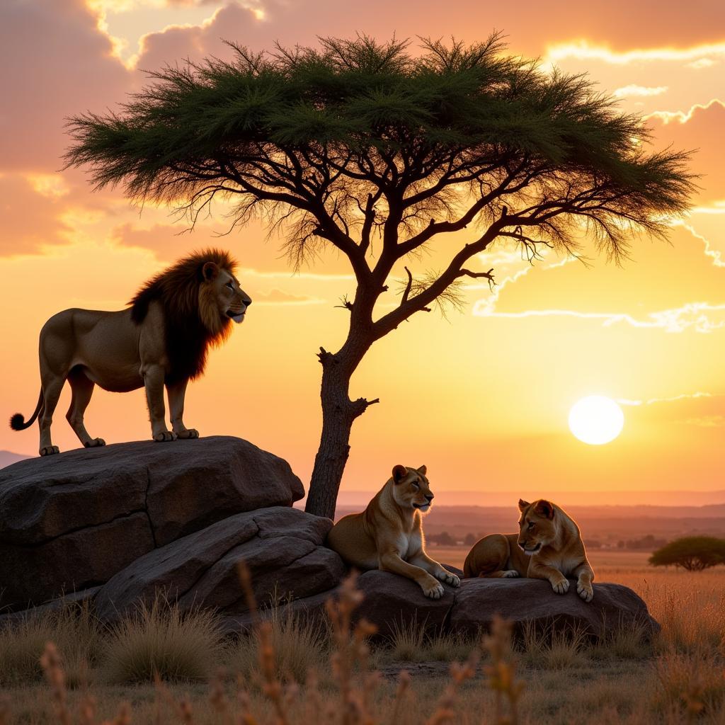 A male African lion surveying his pride from a rocky outcrop.