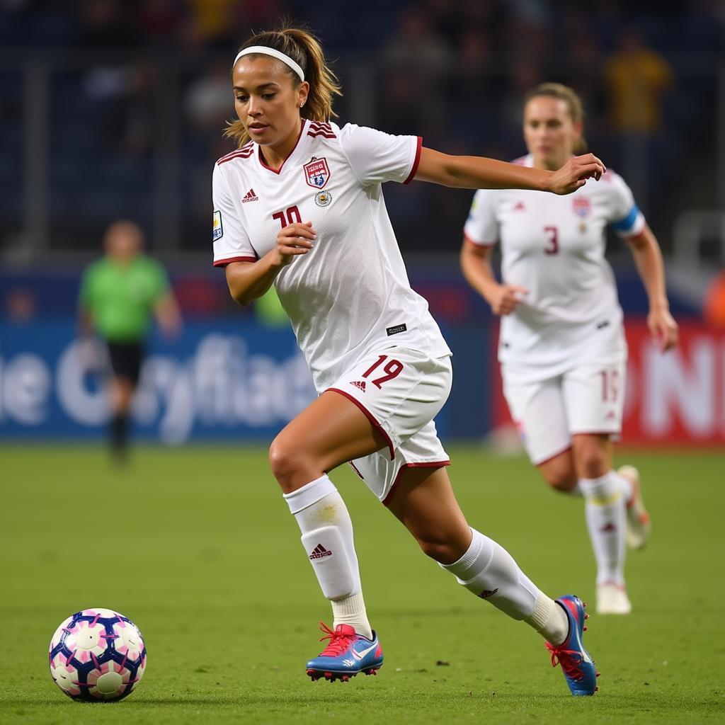 Mallory Pugh dribbling the soccer ball past an opponent