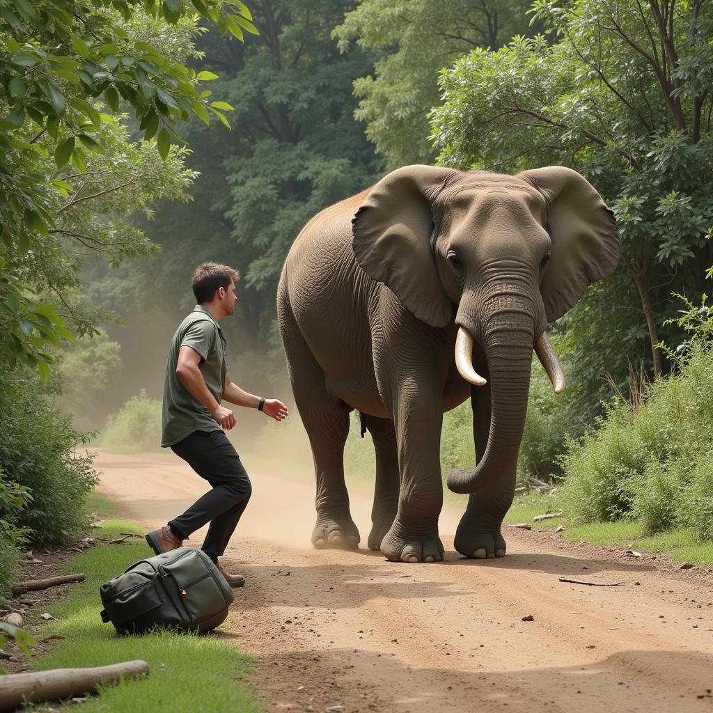 Man Escaping an Elephant Charge