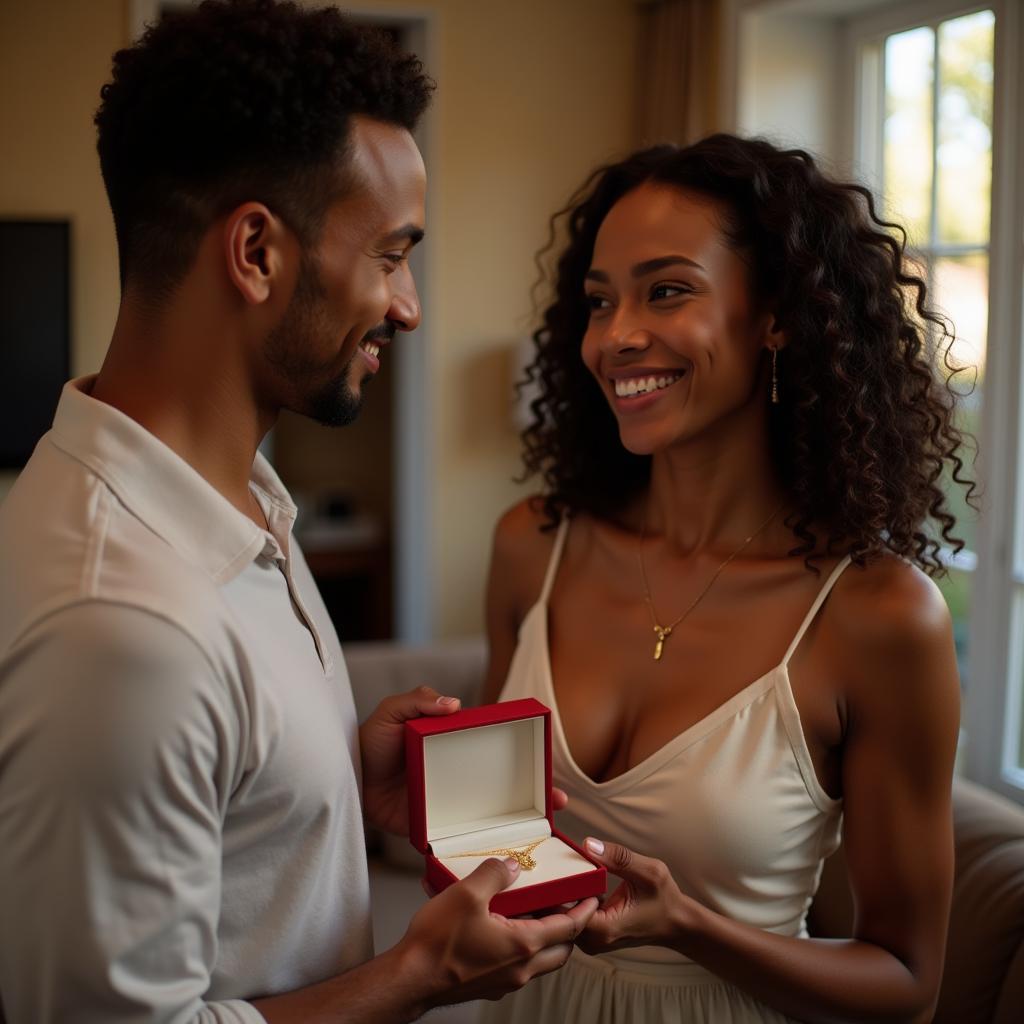 A man gifts an African American woman a necklace