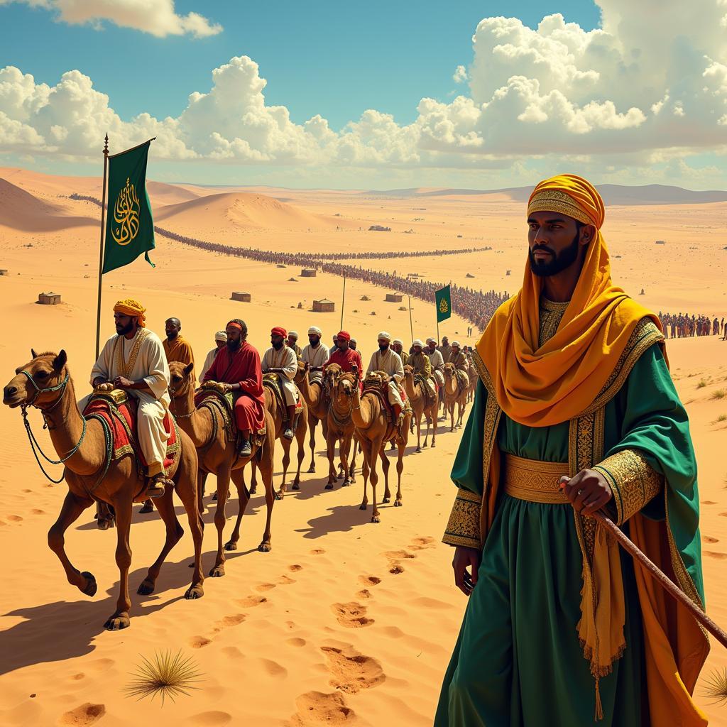 Mansa Musa's Pilgrimage to Mecca: A depiction of Mansa Musa's extravagant caravan on his journey to Mecca, showcasing the immense wealth and grandeur of his empire.