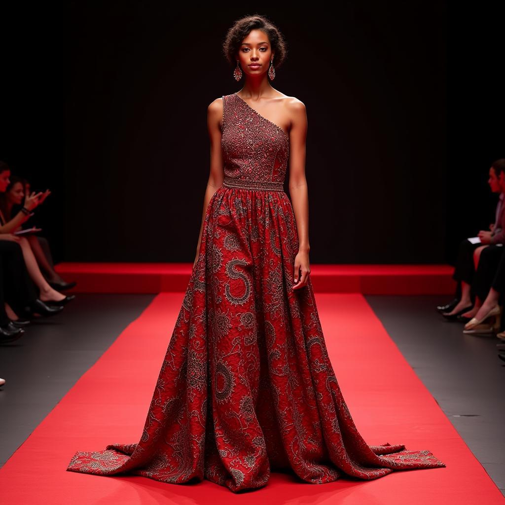 A model wearing a modern African ball gown on the red carpet