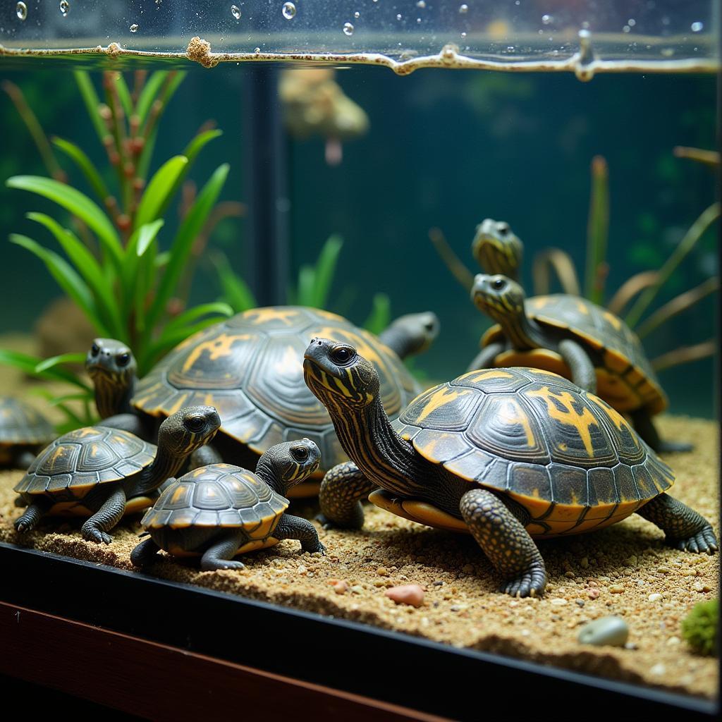 Multiple African Sideneck Turtles Sharing a Large Tank