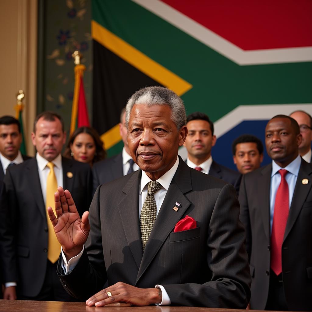 Nelson Mandela sworn in as President of South Africa.