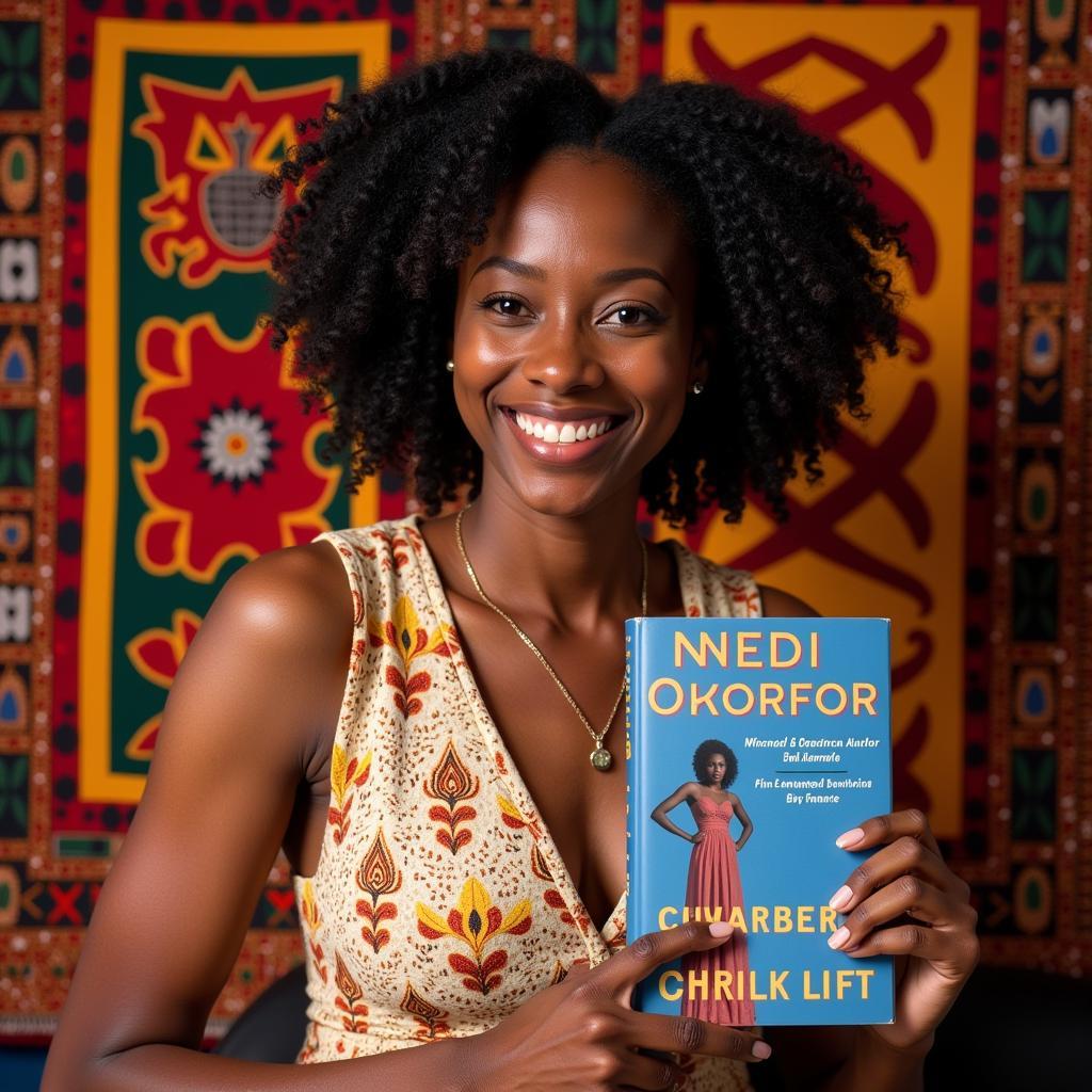 Portrait of Nnedi Okorafor, a prominent figure in African Futurism, holding one of her books.