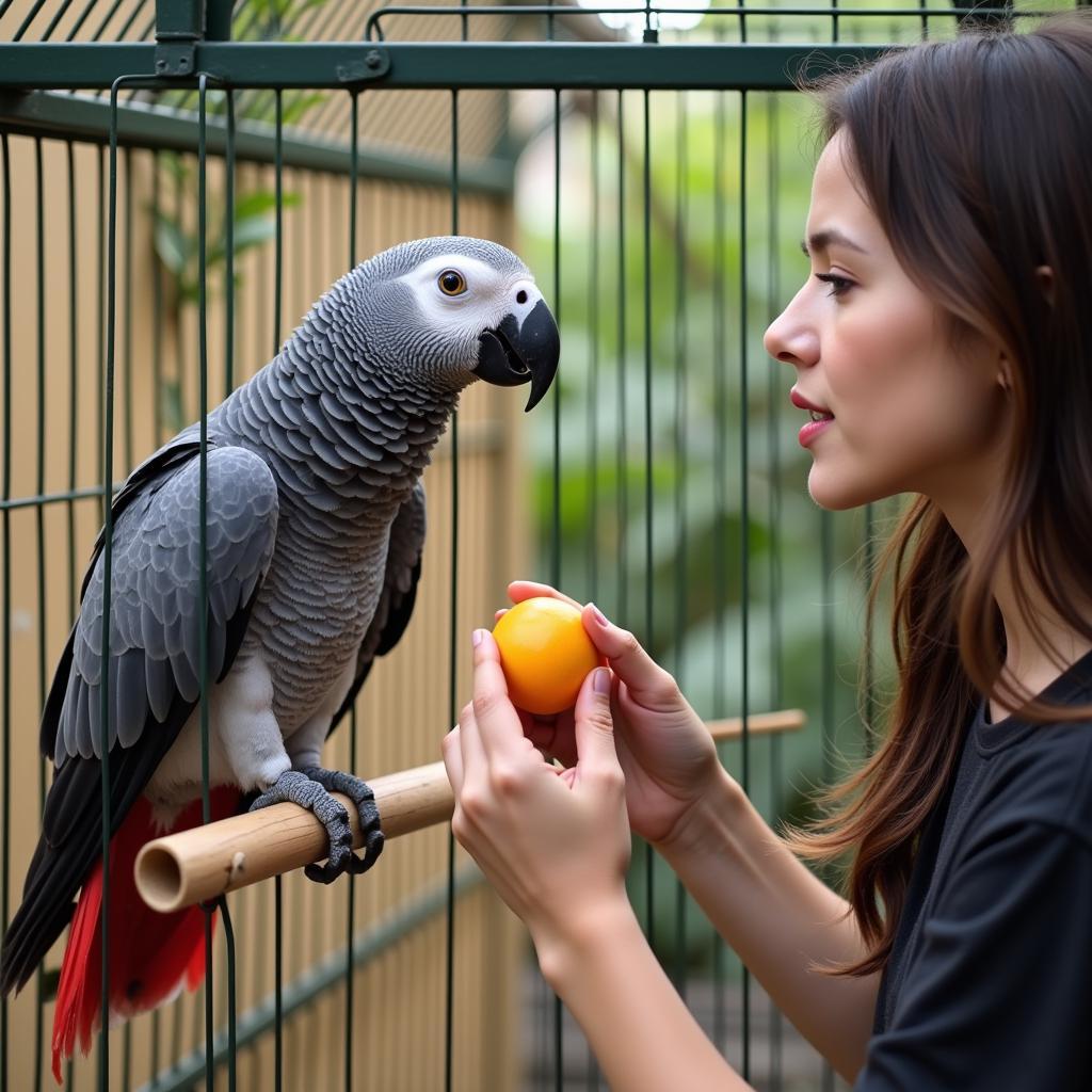 An owner showing a new toy to their African gray parrot