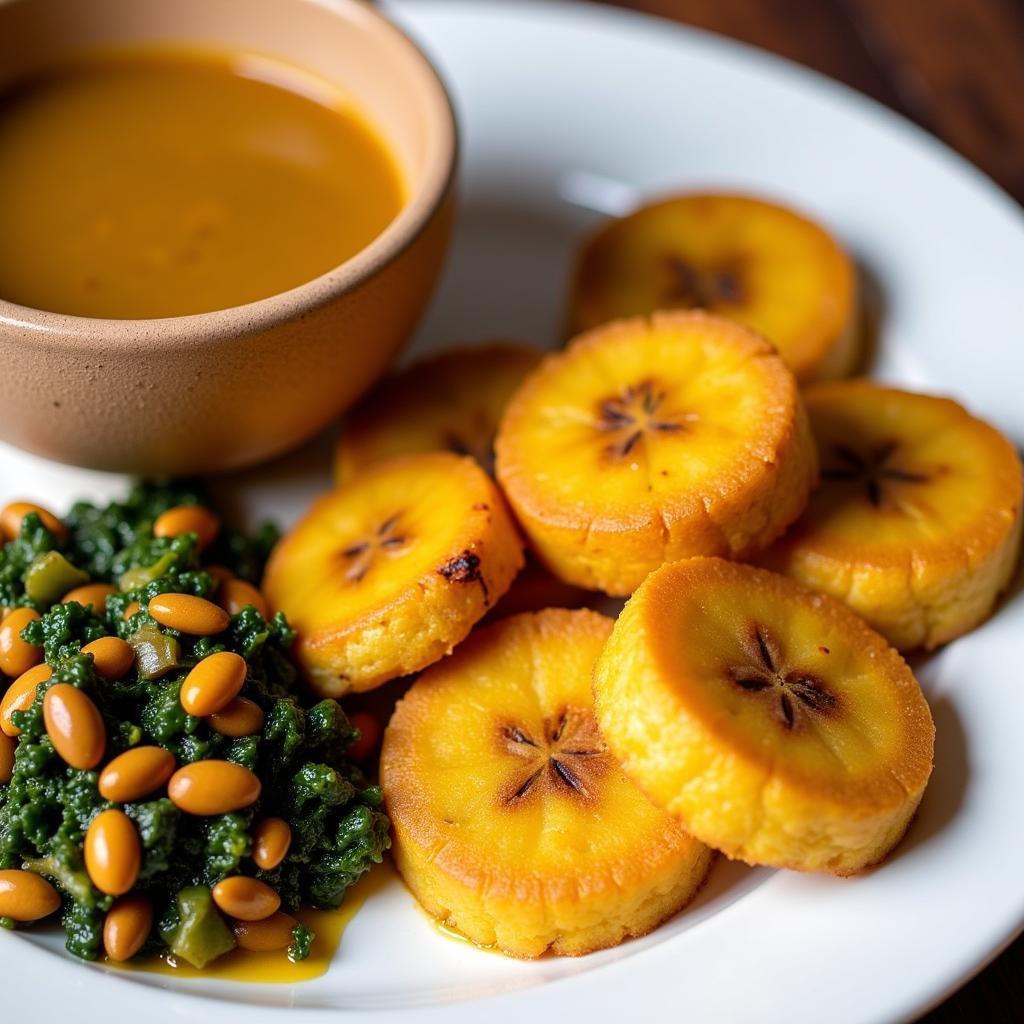 A plate of fried plantains served with egusi soup.