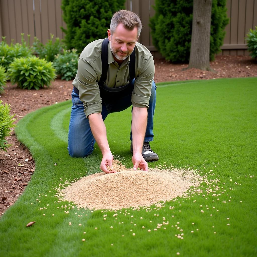 A person sowing African Bermuda grass seed on prepared soil.